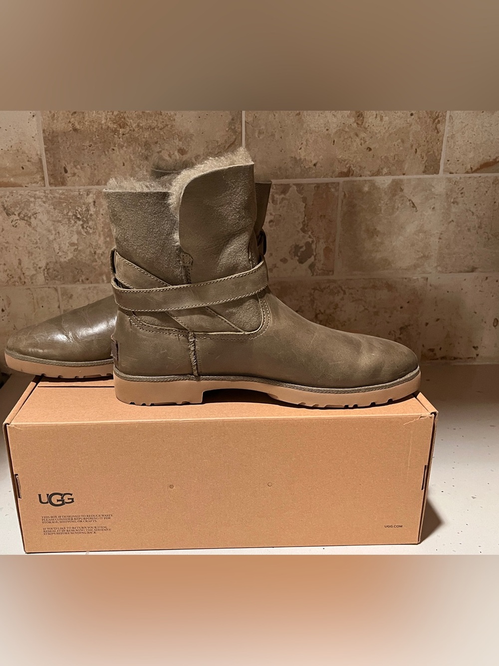 UGG Romely Dusty Olive leather and Shearling Boots - Picture 2 of 7
